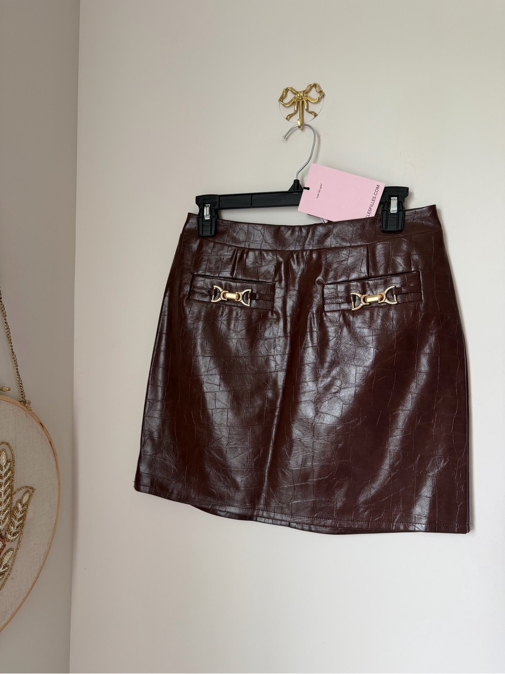 Avec Les Filles brown Faux Leather Mini Skirt with Gold horsebit Accents